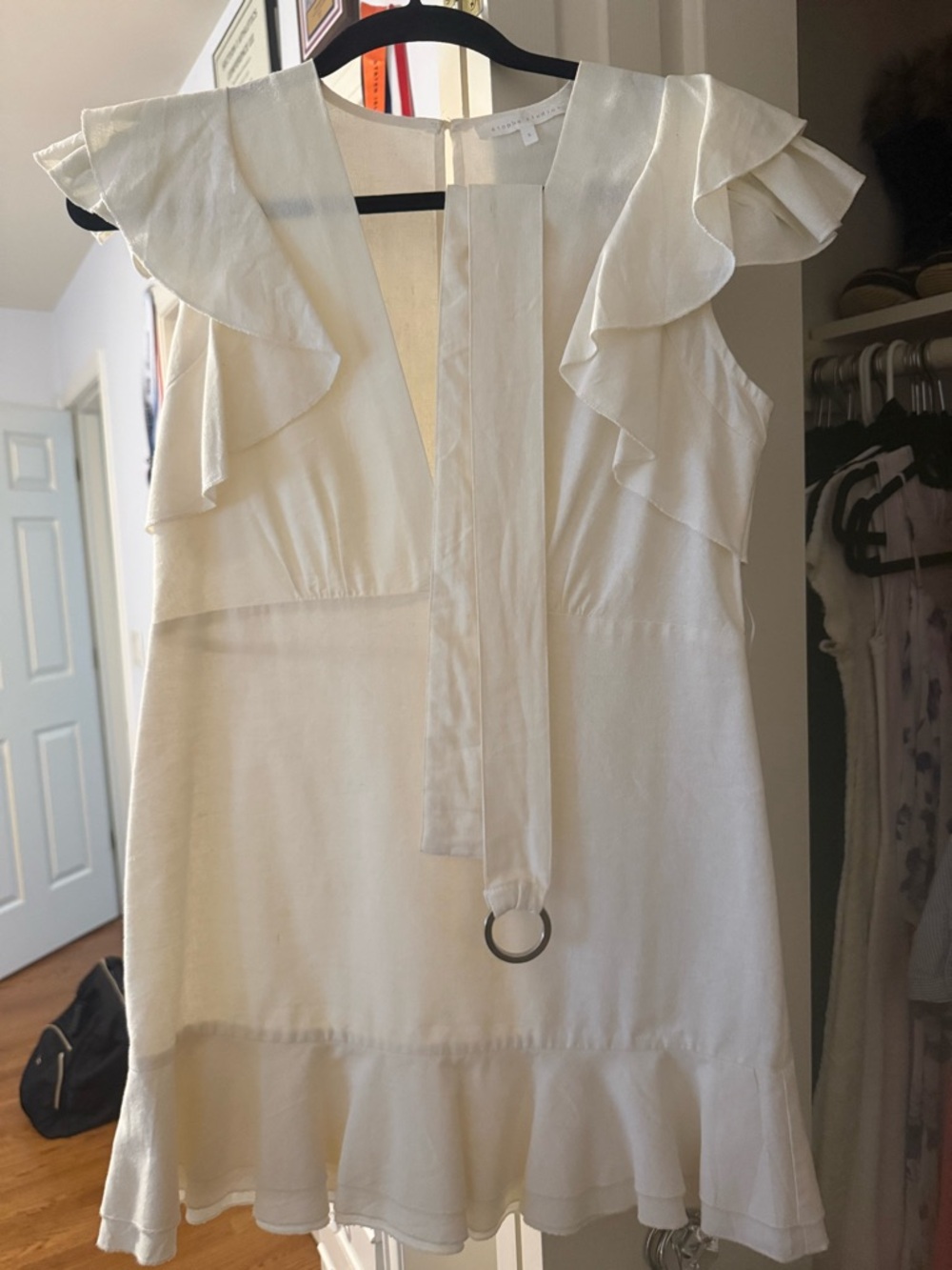 White Linen Ruffle Sleeve V-Neck Dress with Belt